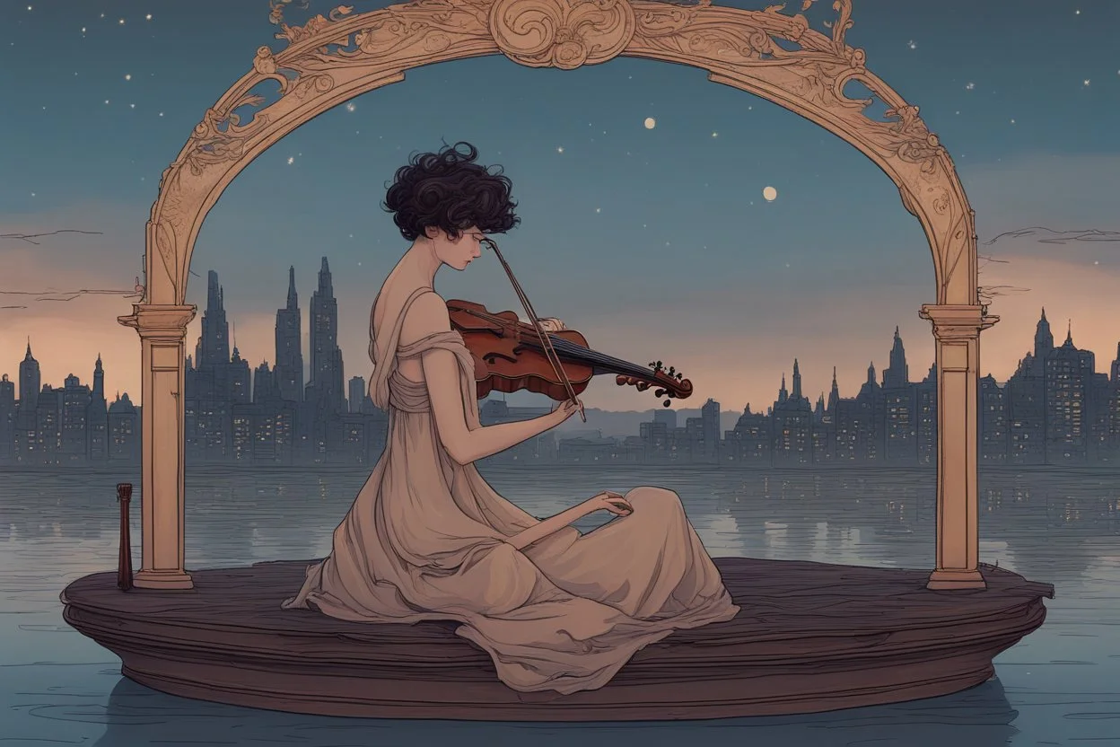 **A lone musician performing a serene melody on a floating city at dusk, art nouveau style --ar 16:9** - <@1191242266925338689> (relaxed)