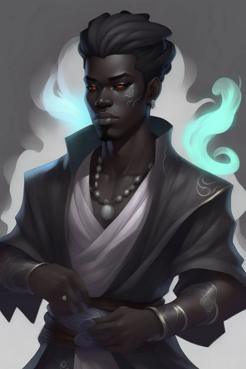 Male Air genasi fra d&d with black skin smoke some hair an Asian skin ghostly appearance with a Smokey undertone