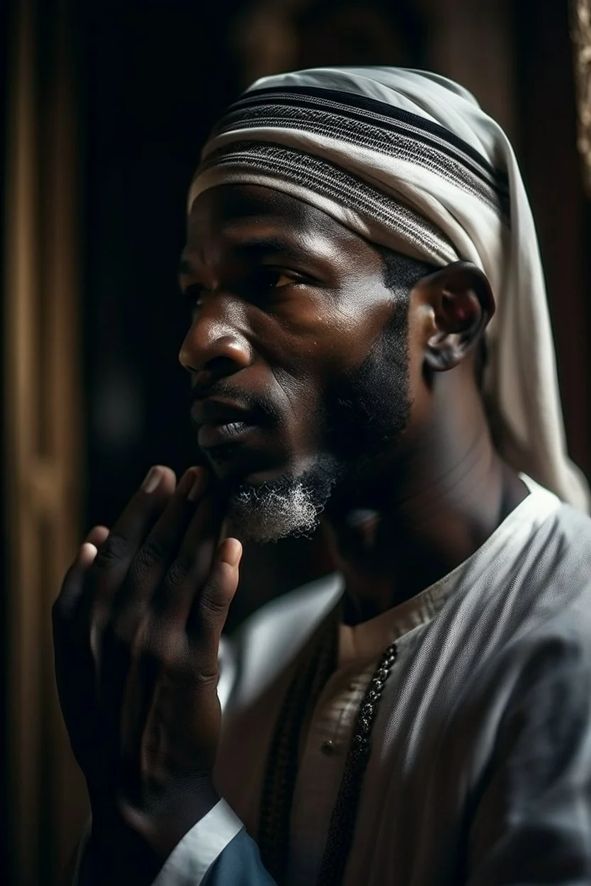 A picture of a dark-skinned man giving the Islamic call to prayer to people