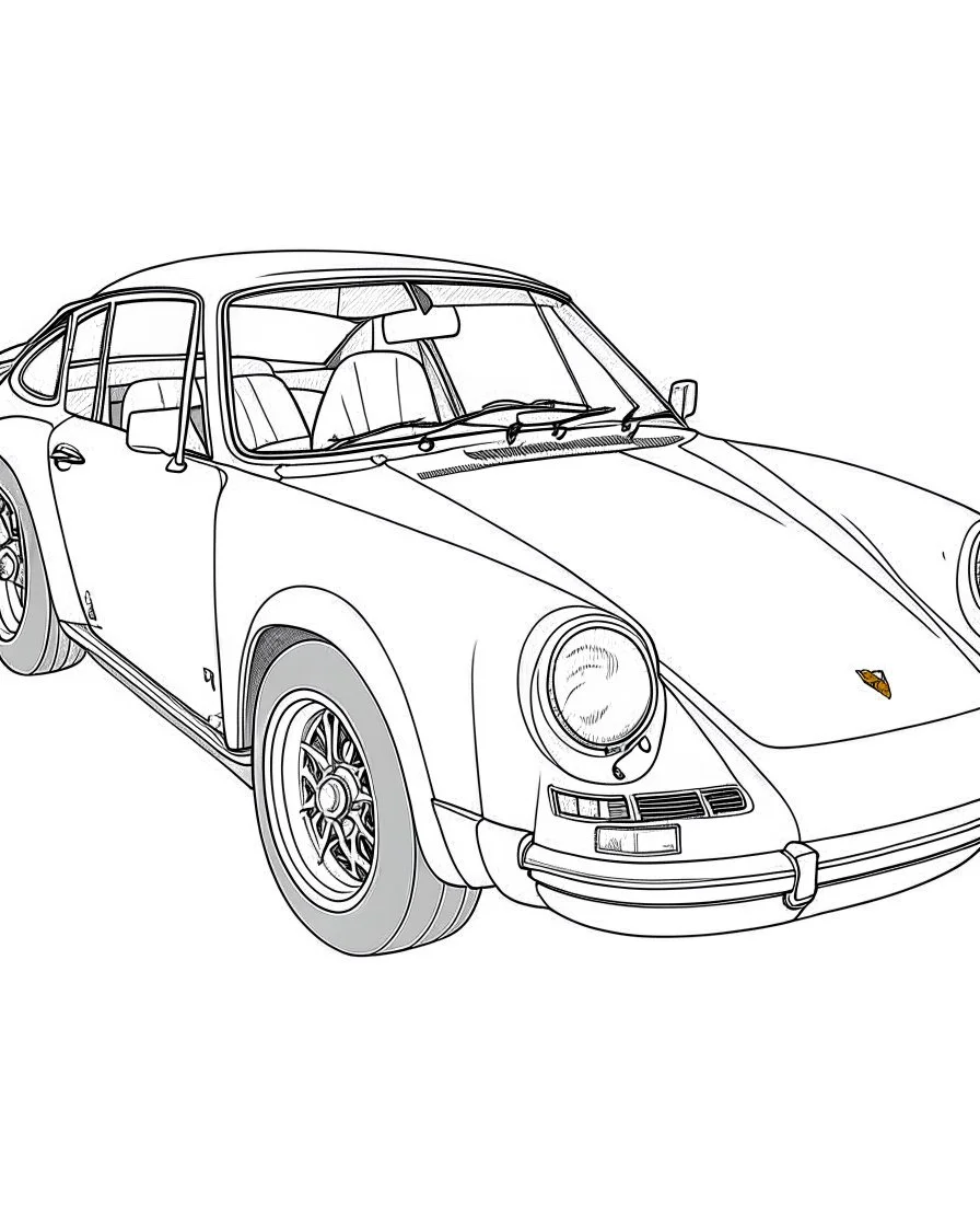 outline for a coloring page of a Porsche 911, white background, sketch style, only use outline, no shadows and clear and well defined