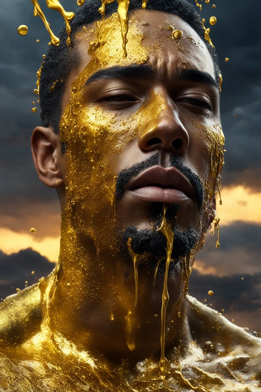 A hyper-realistic photo, beautiful face man ,natural body disintegrating into gold dripping ink and slime::1 ink dropping in water, molten lava, closed eyes 4 hyperrealism, intricate and ultra-realistic details, cinematic dramatic light, cinematic film,Otherworldly dramatic stormy sky and empty desert in the background 64K, hyperrealistic, vivid colors, , 4K ultra detail, , real photo, Realistic Elements, Captured In Infinite Ultra-High-Definition Image Quality And Rendering, Hyperrealism,