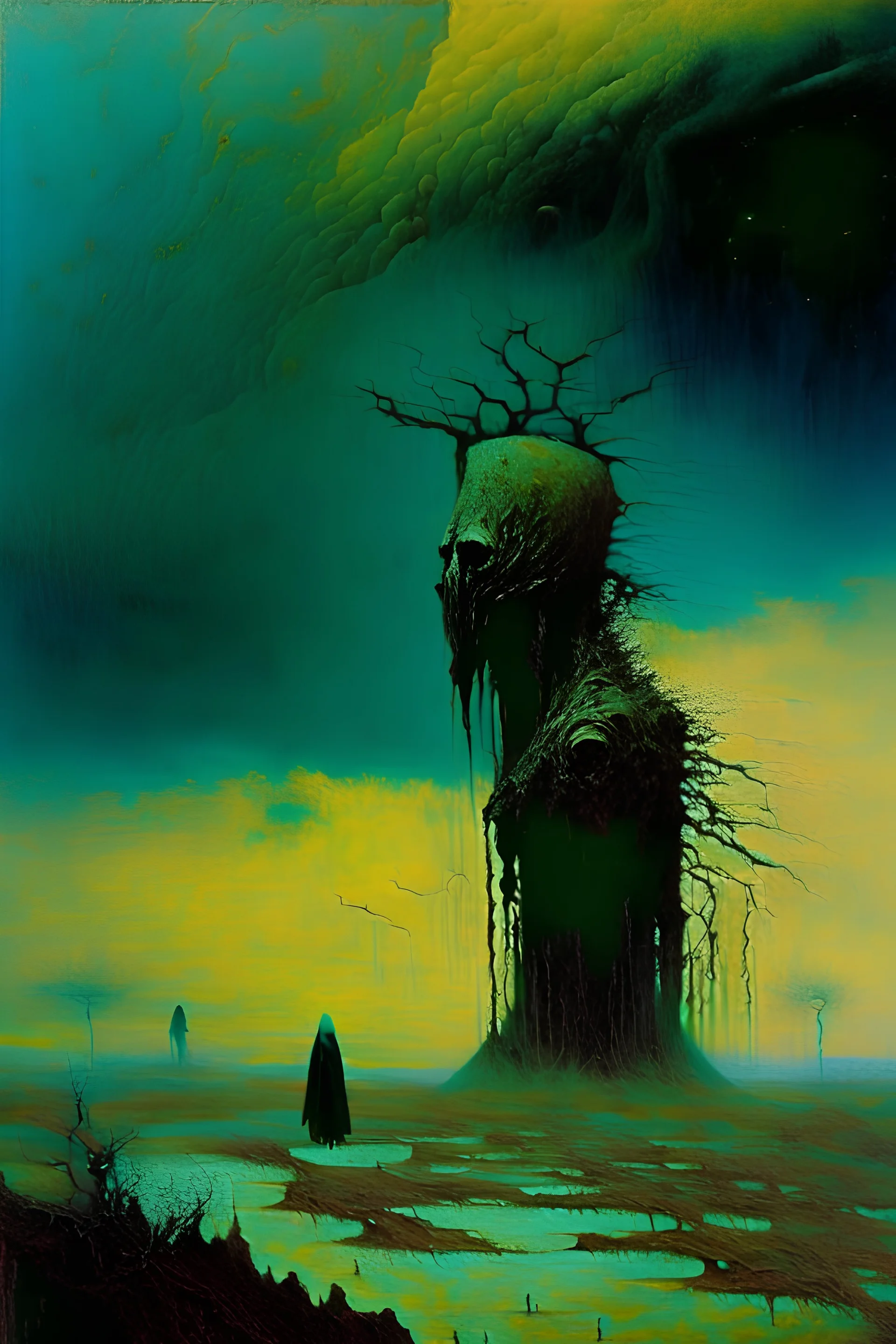 strange landscape creatures and people, fantastical surrealist otherworldly, moody colors, , absurb, Minimalist, dystopia, elegant, surreal, stormy cloudscosmic, terrifying, eternal, mysterious.) decayed and suffering humanoid lost ravaged landscape. Macabe Oppressive definition acrylic art Artist Beksinski