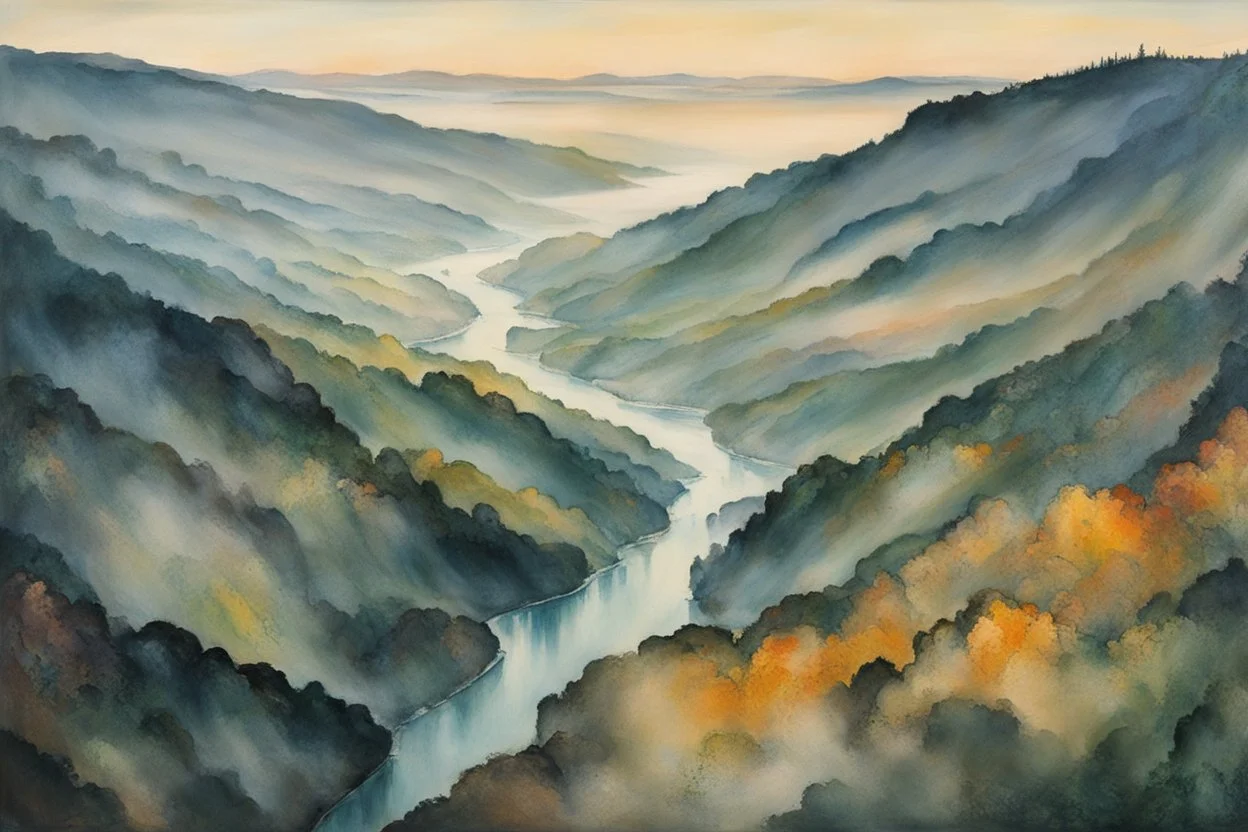 Aerial view painting of an expansive mist laden, rock strewn river forest landscape, pierced by shafts of soft sunlight at dawn , in the Expressionist style of Egon Schiele, Oskar Kokoschka, and Franz Marc, in muted natural colors,