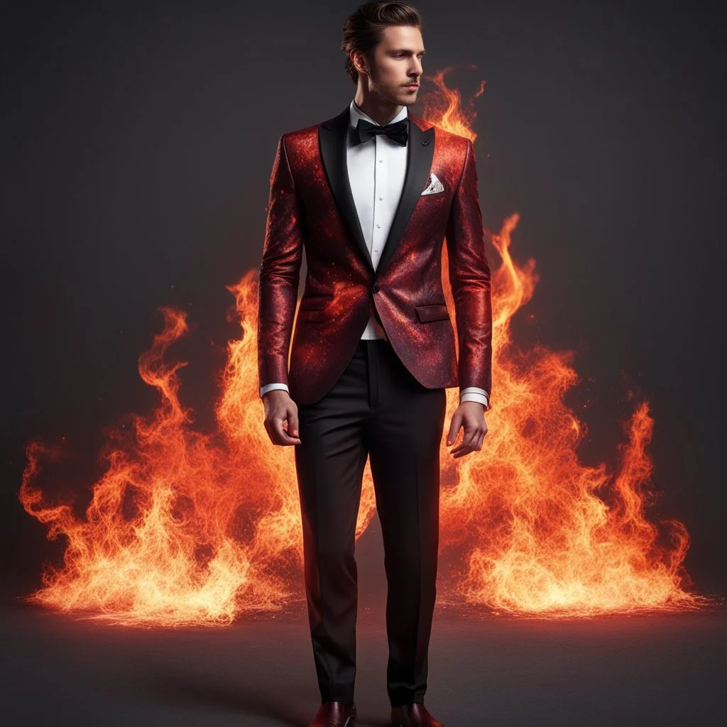 Hyper Realistic Flame-Patterned Tuxedo with maroon pant & black-formal-shirt with embers at night