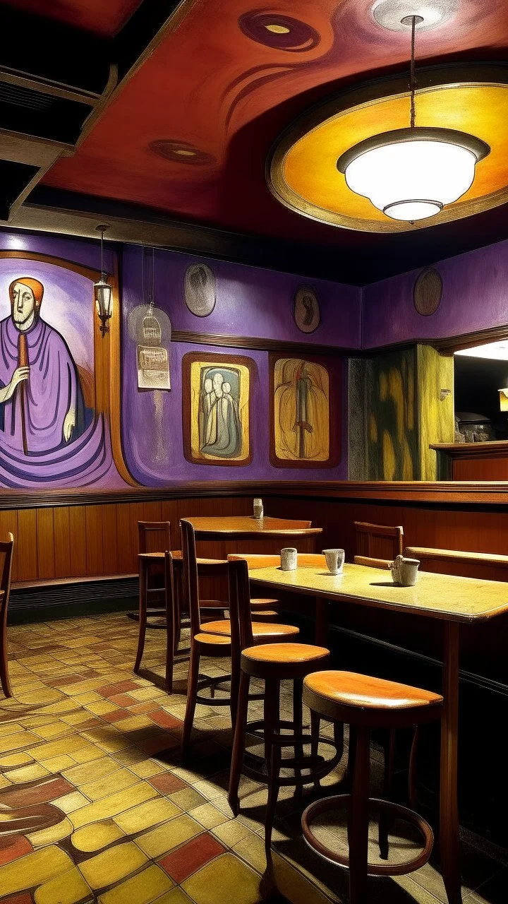 A purple monk themed restaurant painted by Edvard Munch