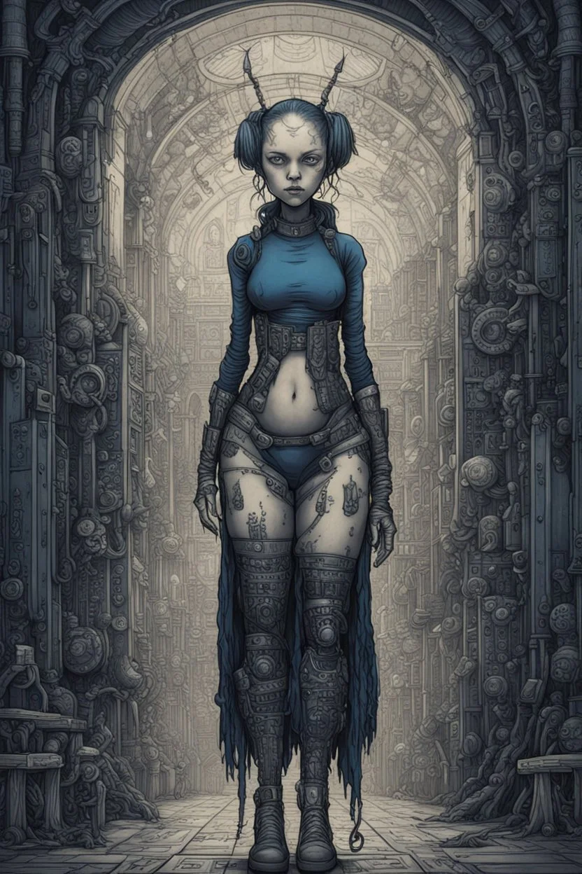 cyberpunk full body, huge girl and petit girl in symetric illustration by <John Kenn Mortensen> <Katsushika Hokusai> darkblue tones, hyperdetailed,