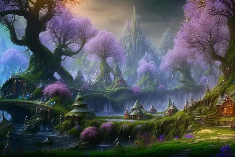 Immersive​ fantasy elven town city in the deep forest with ancient elder tree beautiful blossom nature river 4k full hd