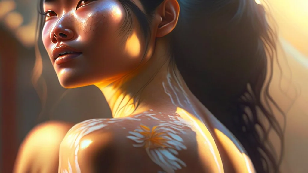 beautyfull asiatic woman, art by kiera malone photography, concept art modern photorealistic, in the style of , Artstation, sunlight, Unreal Engine sharp fine details trending on artstation reflections 4k ultra realistic post-processing A detailed illustration of a beautiful young female human with growing out of her back. Her skin, hair and face are all made of paint. Her wings are spread. Front view. Highly detailed flawless facial features and eyes. Abstract Oil painting splash art. White ba