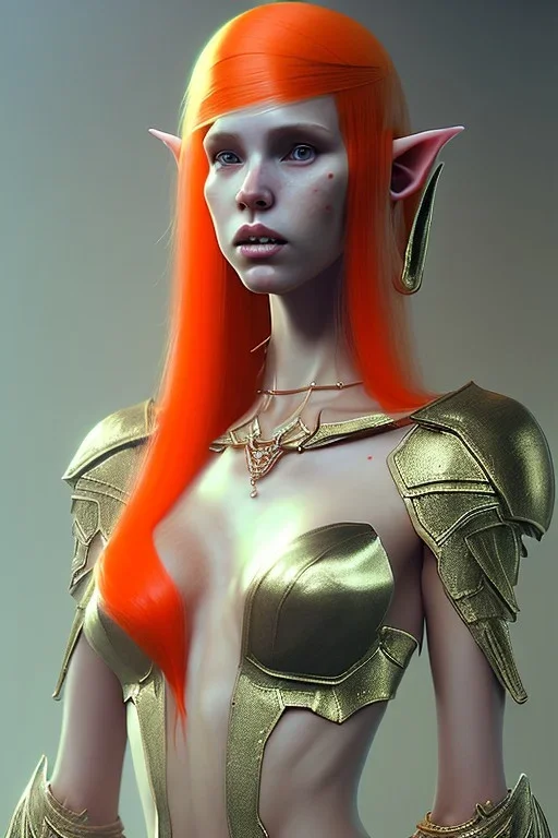 painting of a tall elven young woman with short light orange hair and freckles on the cheak bones and tall body of a topmodel light clothes, full body shot, ultra realistic, concept art, intricate details, eerie, highly detailed, photorealistic, octane render, 8 k, unreal engine. art by artgerm and greg rutkowski and charlie bowater and magali villeneuve and alphonse mucha