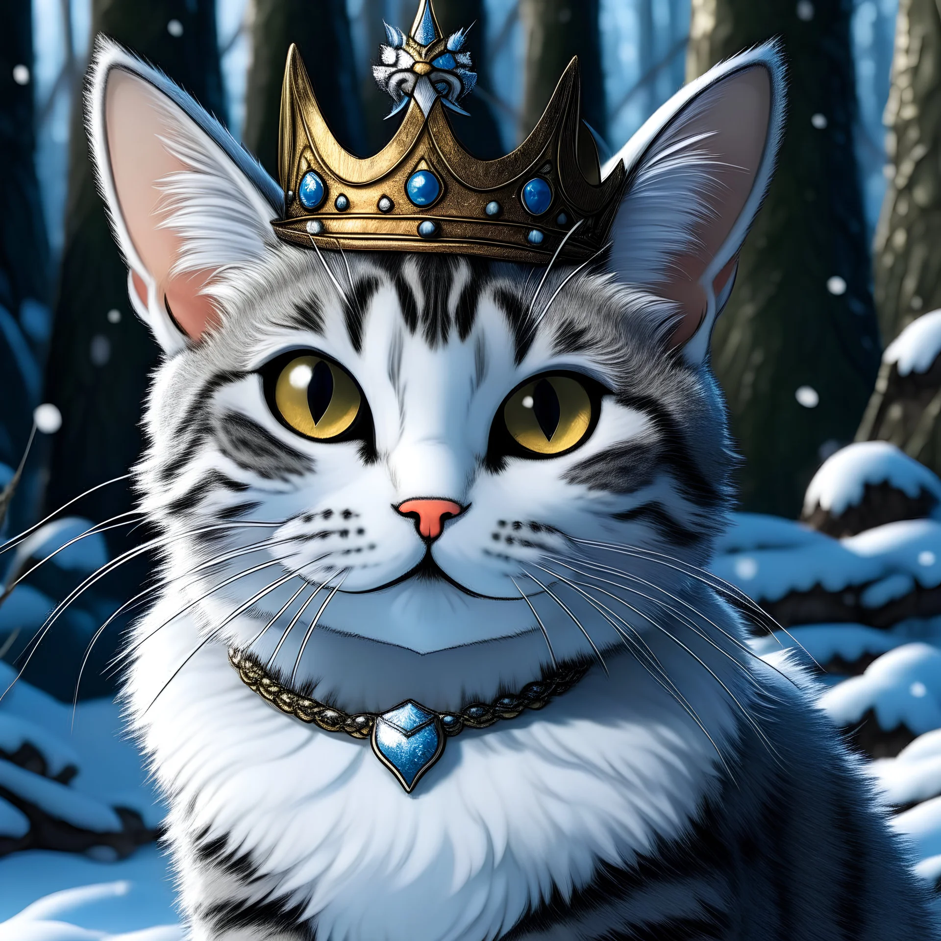 A scared cat holds a mouse in its teeth, scolded by a cat with an elegant crown adorned with one precious stone, against the backdrop of a winter forest. color