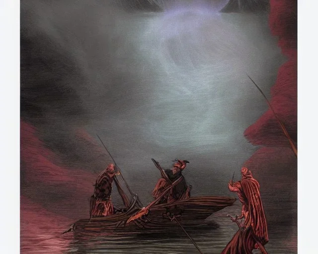 Charon the ferryman in his boat on the river Styx, red black purple colours, 8k, high definition, fantasy art, winding river, sharp jagged rocks, high contrast colours, sharp detail,