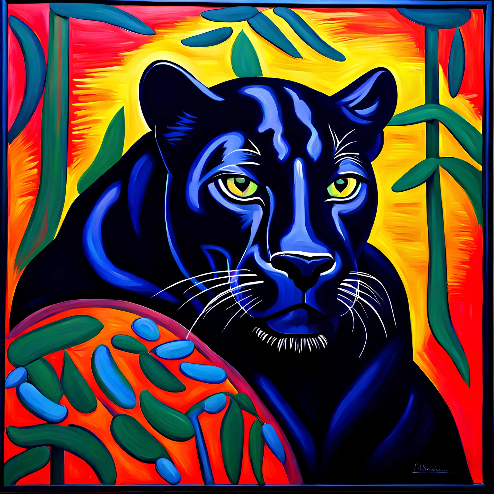 A portrait of a black panther painted by expressionist
