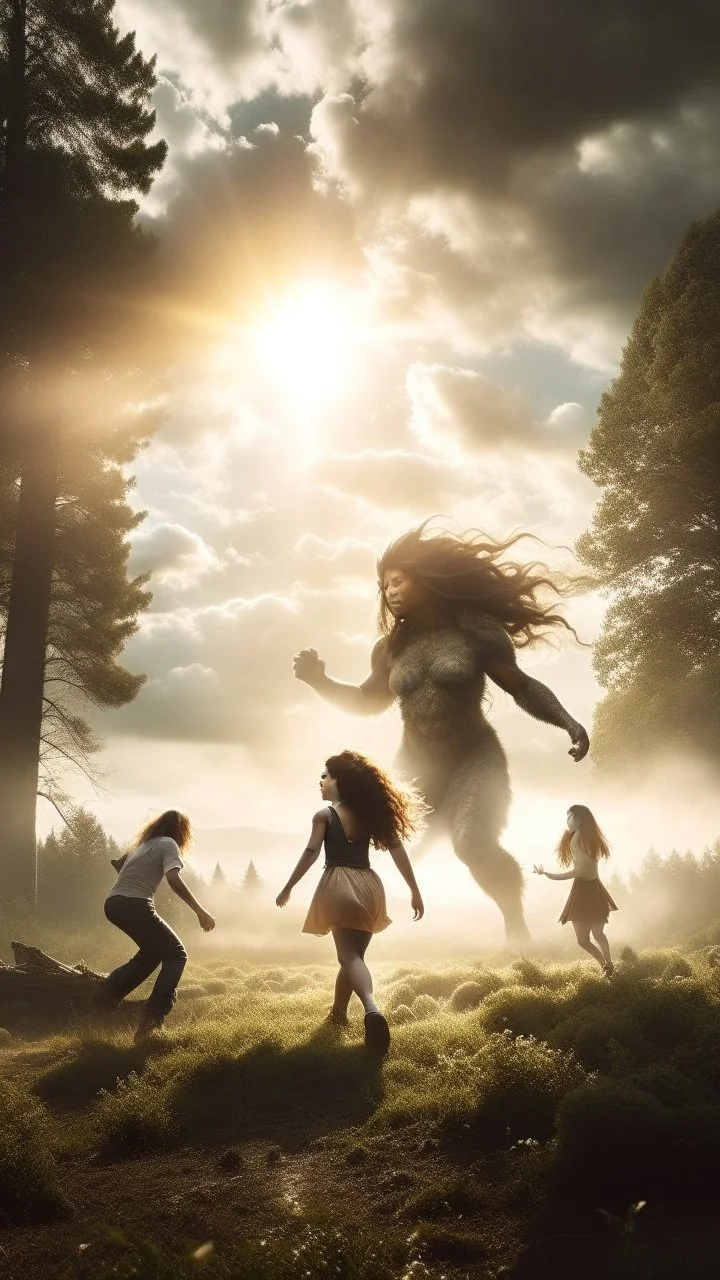 random women in forest in background. Sunlight through clouds. Giant Nephilim holding a beautiful girl in his hands and other women running away from the giant Nephilim