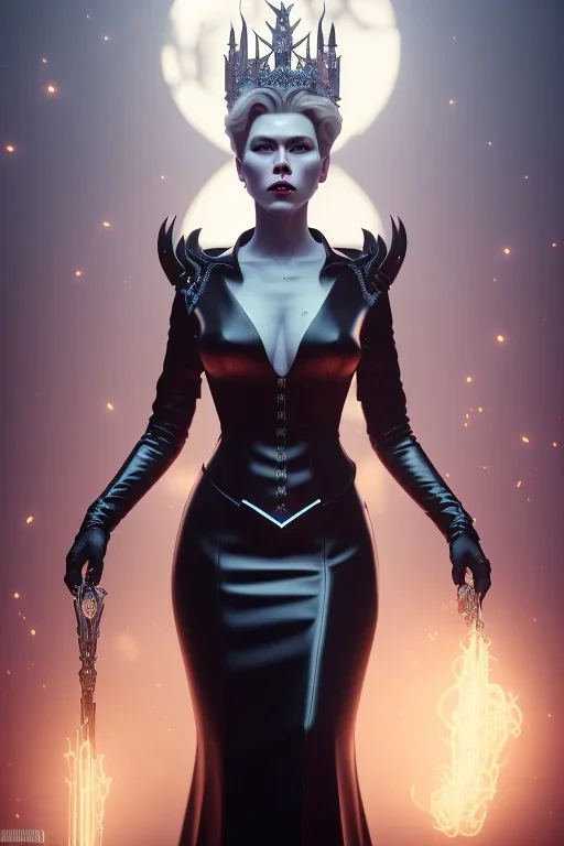 Hannah Waddingham as evil queen in black leather gown, busty, cleavage, voluptous, rebecca Welton, angry, stern look. character design by cory loftis, fenghua zhong, ryohei hase, ismail inceoglu and ruan jia. unreal engine 5, artistic lighting, highly detailed, photorealistic, fantasy