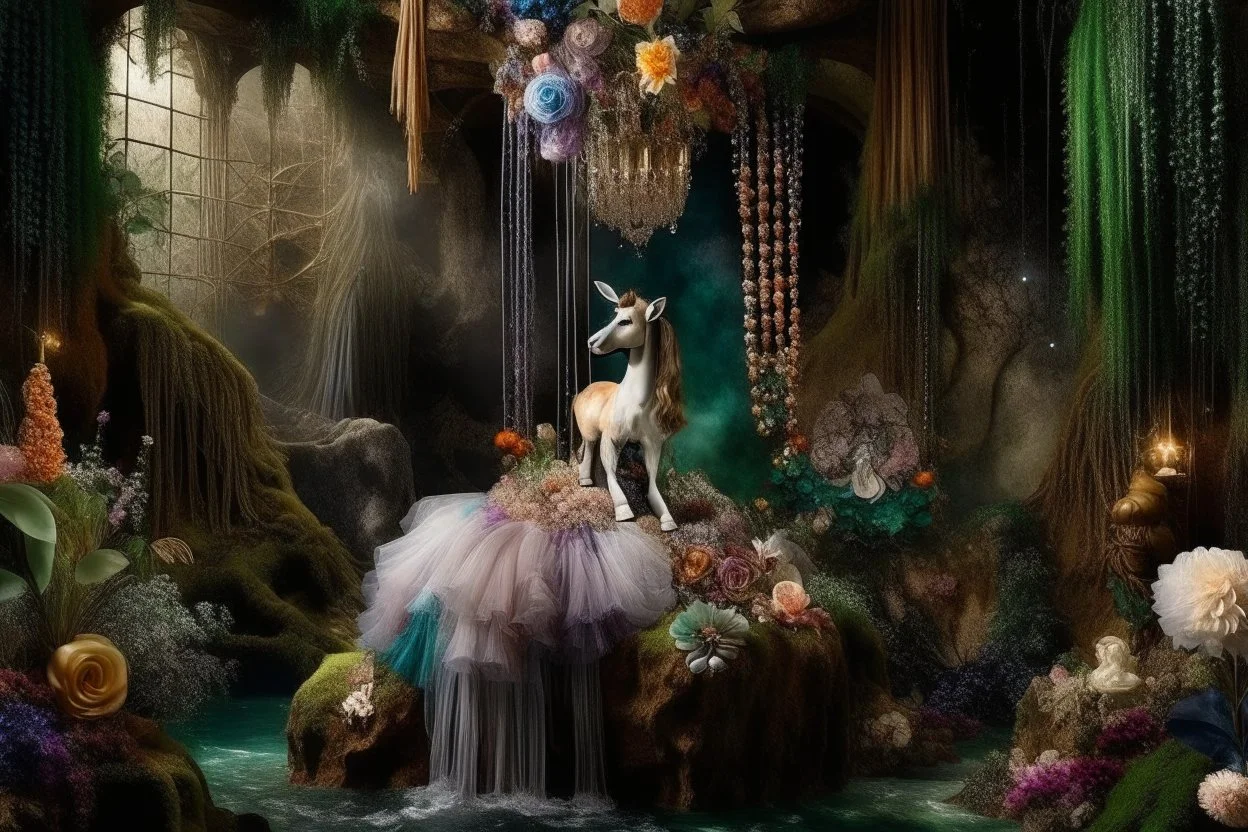 A beautiful fairytale magical composition of a rainforest with a waterfall, a masterpiece, patchwork-like, made of different materials: tulle embroidered with precious stones, lace and real pearls, silk, velvet, burlap, faux fur with leopard print. Unicorn, flowers