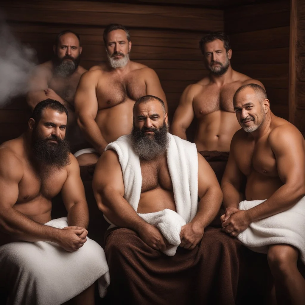 close up photography of a group of turkish and marocan 42 years old ugly chubby muscular men embraced, manly chest, covered with the towel at the hip, long beard, shaved hair, photorealistic, manly legs, manly arms, sitting in a steamy sauna, clouds of steam, side light