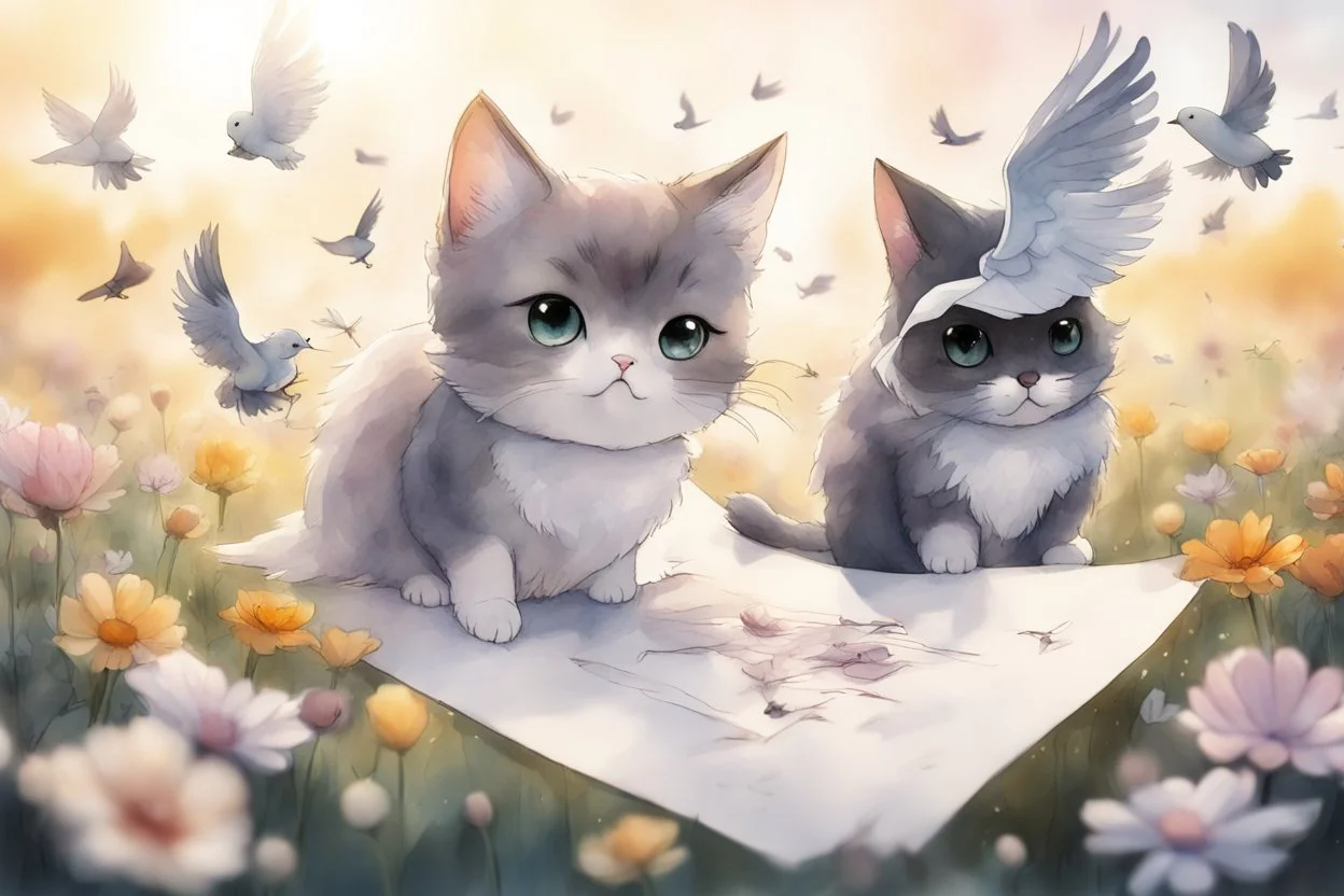 two cute anime chibi cats on either side of the picture looking at a pigeon in the top centre of the picture, flying with an envelope in its mouth in sunshine, flowerfield, watercolor and black ink outlines, ethereal, cinematic postprocessing, bokeh, dof