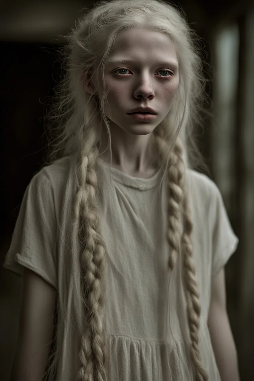 Emotive photographic image - stunningly beautiful, 15 year old albino girl chechen facial features anorexic. sickly, pale skin. blotches on skin. wild, very long, floor length, wavy wispy ghostly white hair in messy braids. ghostly white eyebrows and ghostly white eyelashes. lovely face, sculpted cheeks. beautiful, succulent, pale lips. barefooted. cinematic dynamic masterpiece, hyper realistic film still, beautifully detailed, soft lighting, ethereal, sparkle, beautifully lit, dramatic lighting