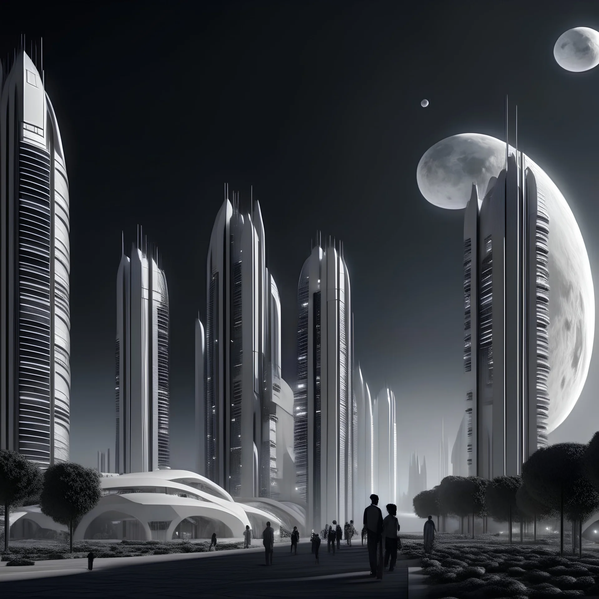 vista panoramica de paisaje ciudad futurista edificios brillantes plateados altos en torre con gente caminando por las calles vestidas todas de blanco, con un cielo negro de fondo con luna y estrellas