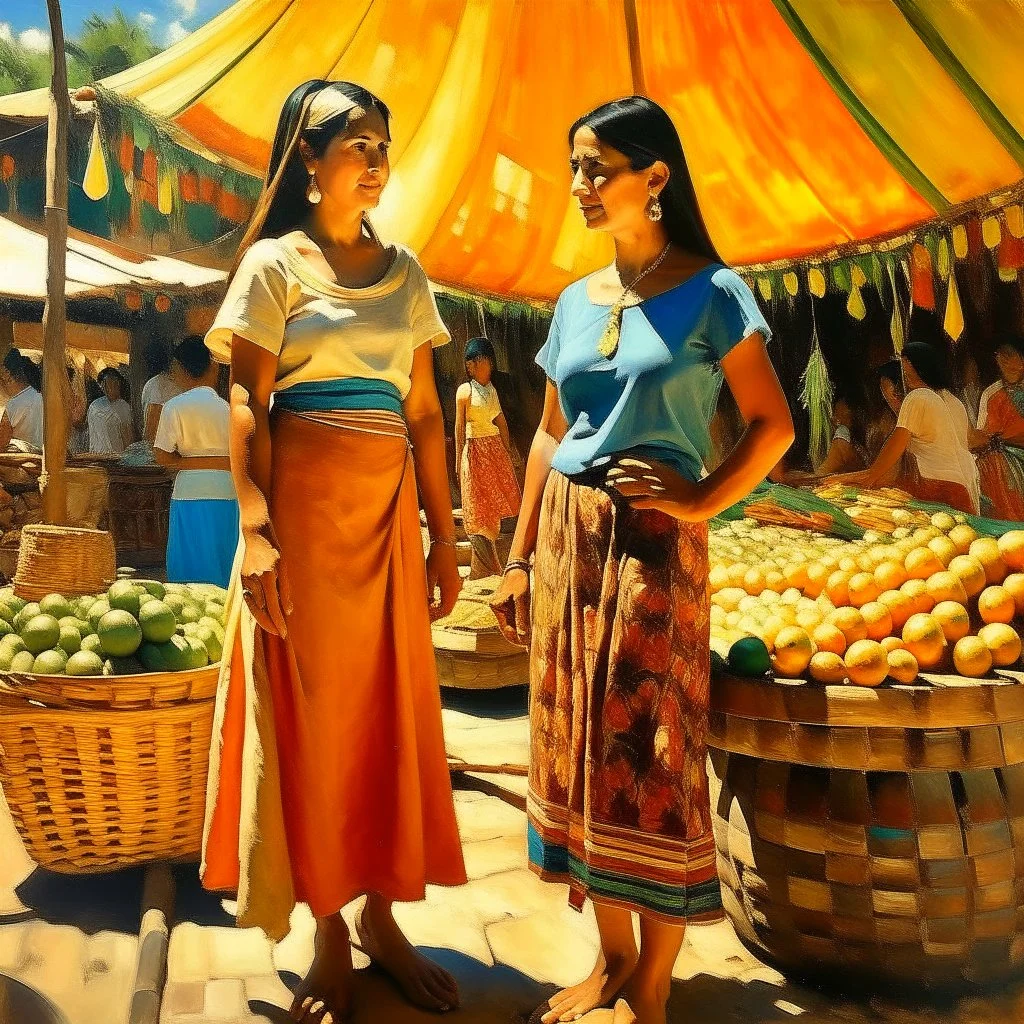 2 mexican woman painting standing at a market neoclassism whole body zoom the sun