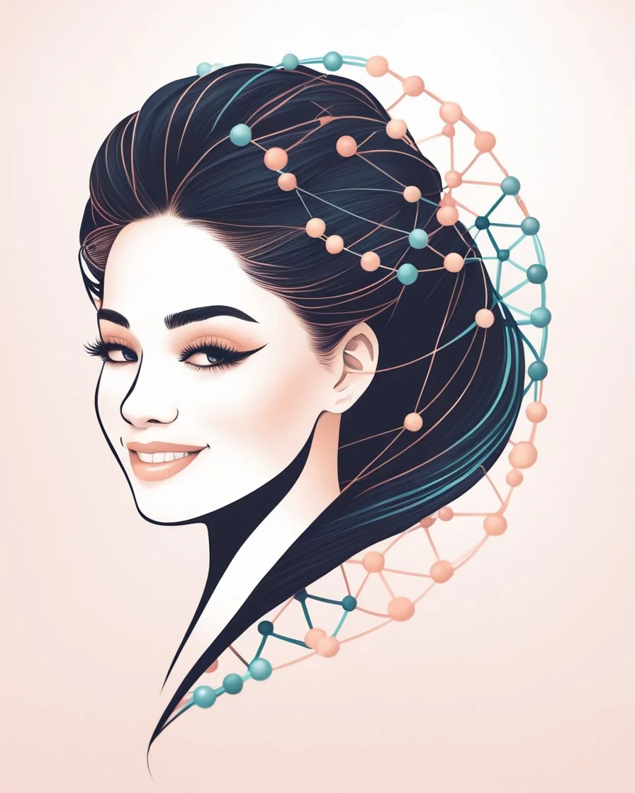 a woman smiling face, close eyes, pastel peach colors, DNA molecule hair thread imitation,