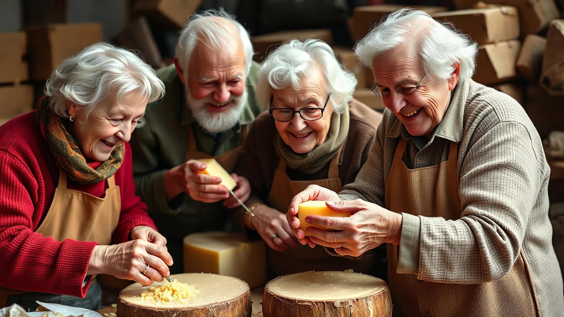 Elderly pensioners making cheese. Everyone is happy. Photographic quality and detail, award-winning image, beautiful composition.