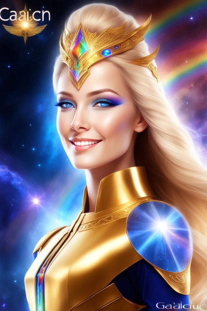 cosmic woman angels smile,admiral high commander from the future, one fine whole face, crystalline skin, expressive blue eyes,rainbow, smiling lips, very nice smile, costume rainbow pleiadian, Beautiful tall woman pleiadian Galactic commander, ship, perfect datailed golden galactic suit, high rank, long blond hair, hand whit five perfect detailed finger, amazing big blue eyes, smilling mouth, high drfinition lips, cosmic happiness, bright colors rainbow, blue, pink, gold, jewels, realist,8k