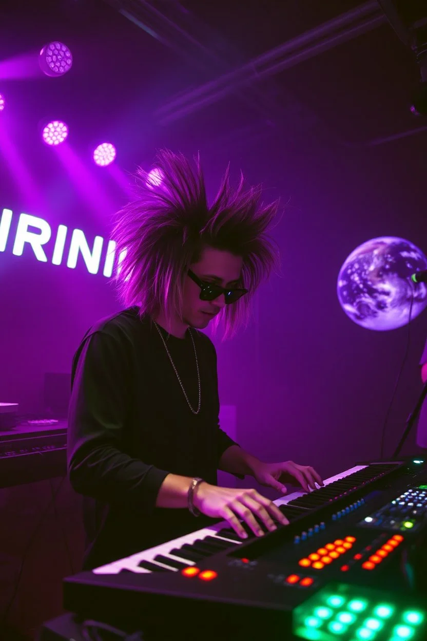 French cool synth player with crazy techno acid hair, he is called "Jean-Maurice Brûlée" performing at dance club, his name is "Jean-Maurice Brûlée" , white and purple Neon lights and purple smog, and "URINIUM" big sign on the wall, he is playing on synthesizers on stage with lot of laser beams and wearing black sunglasses, an earth is projected in background