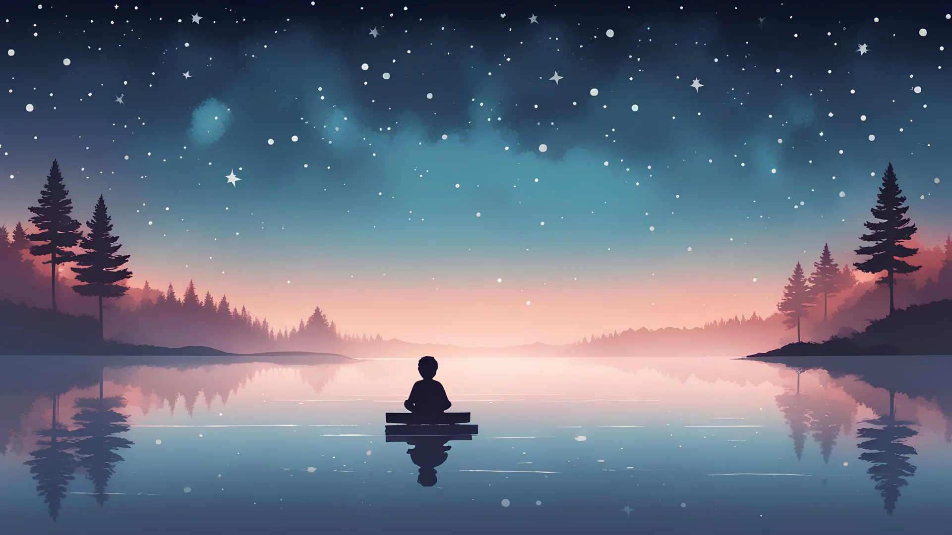 vector graphic of a boy sits on the edge of a cozy mist lake where the sky is filled with stars