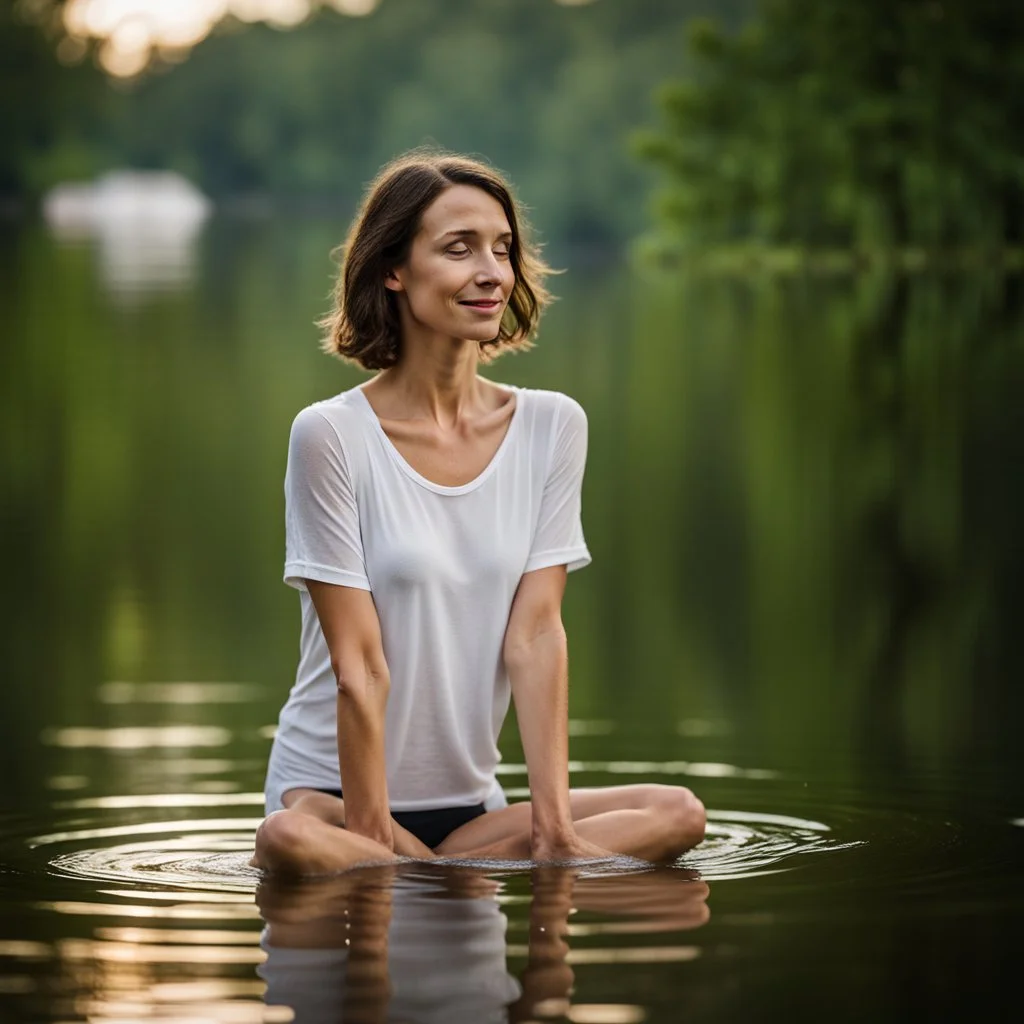 photography of a beautiful and happy anorexic woman, standing in lake water, eyes closed, meditation, white top, yoga flyer, brunette short wavy bob haircut, serenity, misty, relaxing image, white misty colors, foggy sunlight