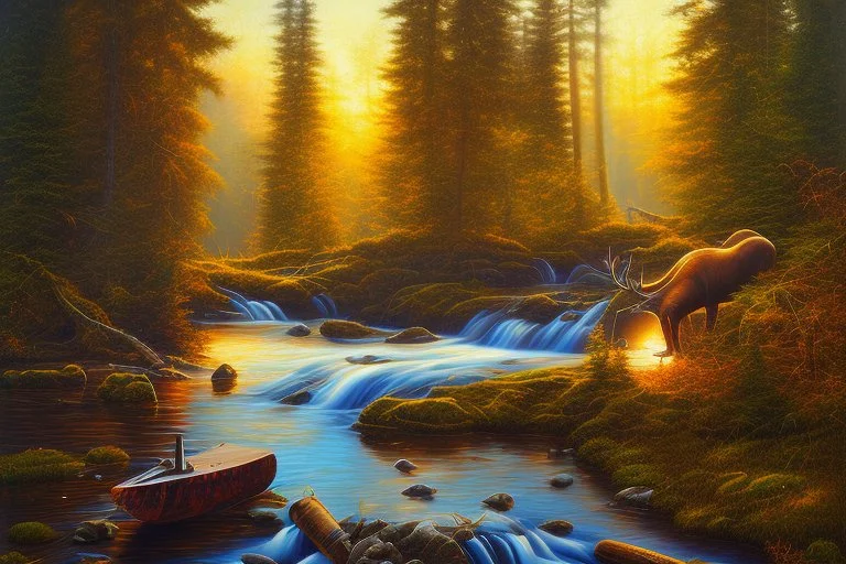 Oil painting with knife, Rapides, Cascade, River Moose, Noon Sun, Under the Rockwoods.