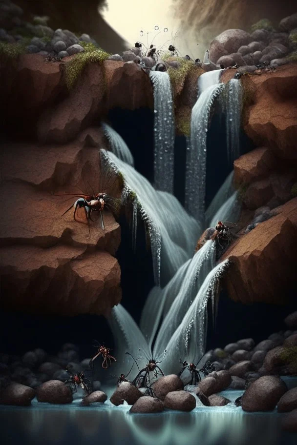 waterfall with ants