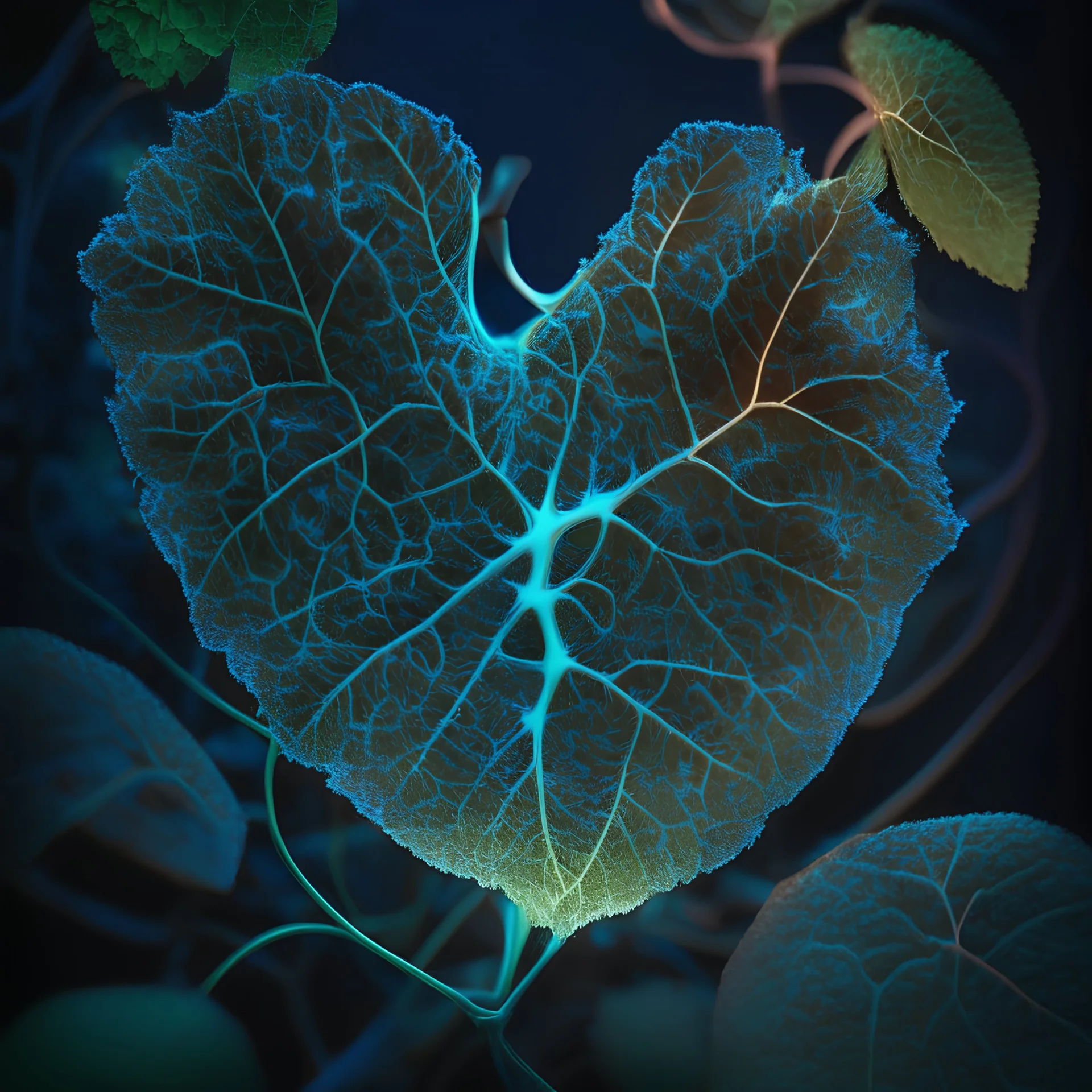 crisp leaves of vine with intricate bioluminescent veins forming the shape of a heart, ultra-detailed, fresh and vivid color, backlight, professional food photography, 8k, high resolution, delicate details