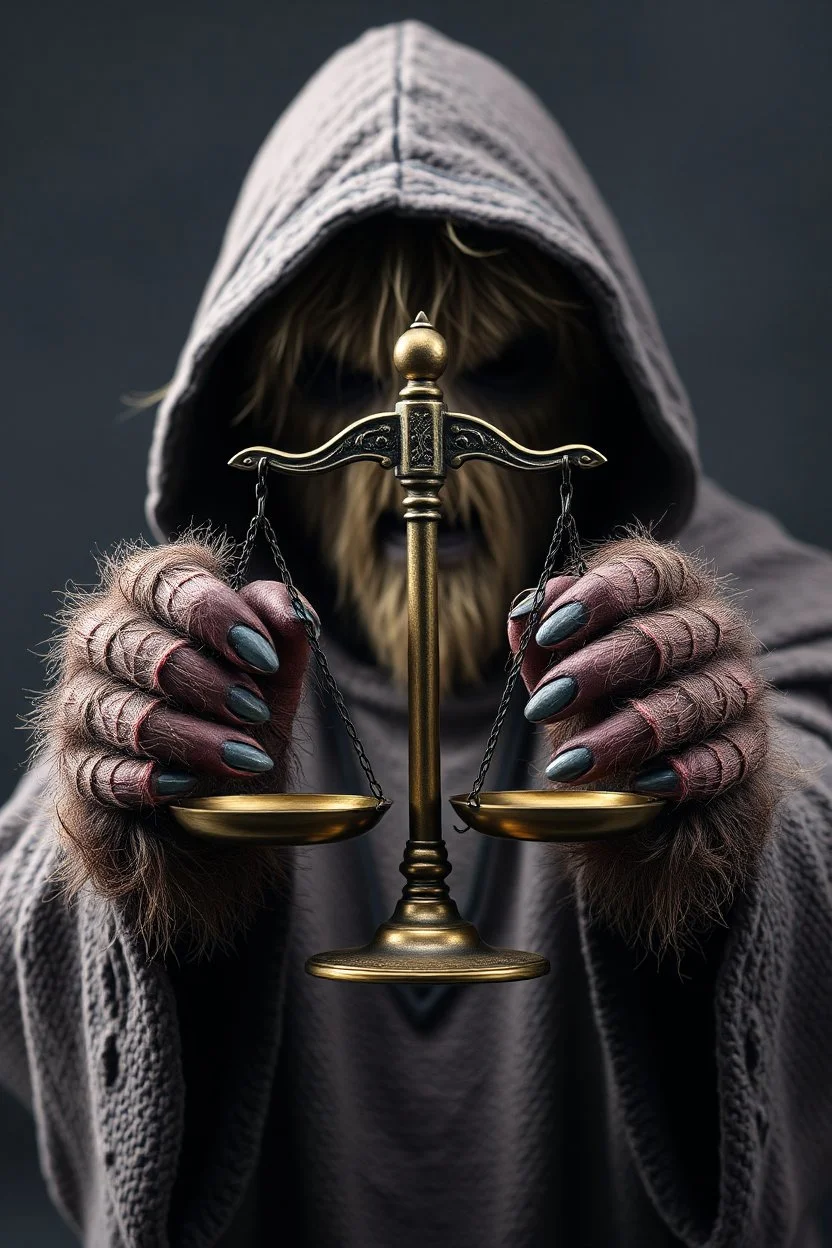 A scary hairy hands of a hooded creature holding the Scale Of Justice ,