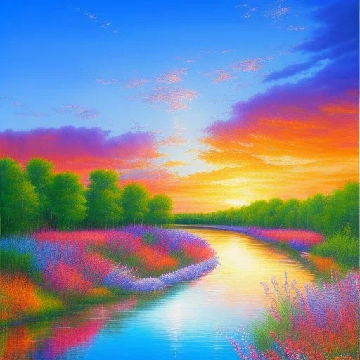 blue and transparent river, cristal flowers, sunset, delicate flowers