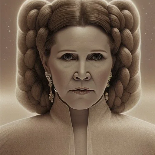 hyperspace background, complete and photo realistic detailed head to waist stunning photo realistic portrait of carrie fisher as Princess Leia in star wars with photo realistic wedding hairstyle by Mandy Jurgens and mucha and Richard Schmid and chuck close and chie yoshii, extraordinary and detailed ceremony dress of star wars,brown eyes