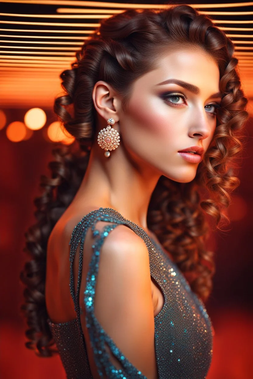 si fi a 3d recursive mandlebore fractal environment color and light an extra beautiful supper modern ukrainian girl wearing modern clothing curly hair gracefully fashion show posing full body shot