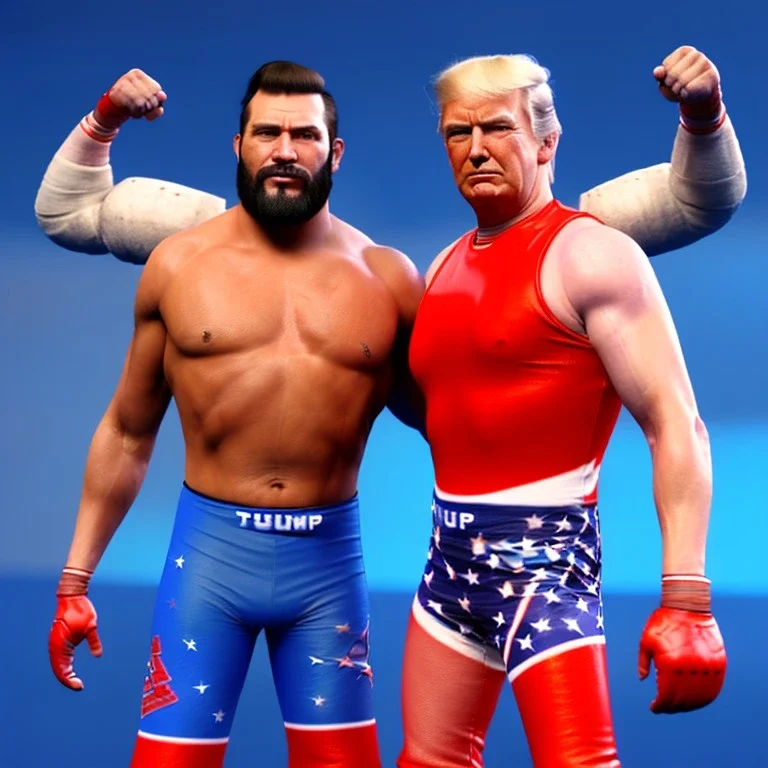 Realistic image of Donald trump wrestler, Mexican wrestling style, eyes mask, red and blue breeches, glow confederate flag dress, suspenders, retro style, 80s, vibrant color, highly detailed, sky background, concept art, unreal engine 5, god rays, ray tracing, RTX, lumen lighting, ultra detail, volumetric lighting, 3d, finely drawn, high definition, high resolution.