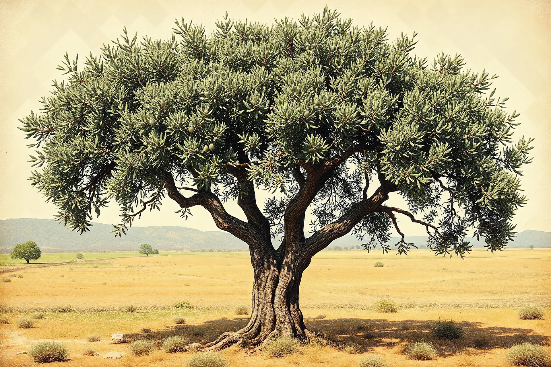 vintage style painting showing a very old and ancient Greek olive tree on plain background