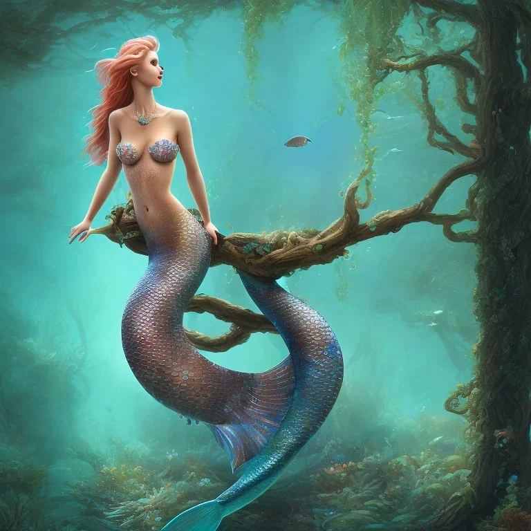 mermaid sits on the tree branch