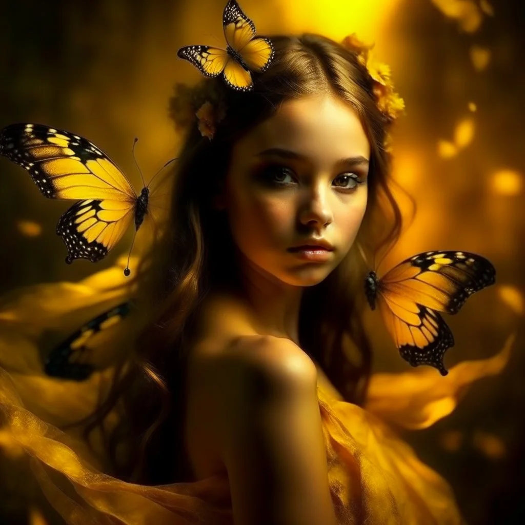 A beautiful young girl in the form of a butterfly flying in golden yellow, a wonderful fantasy scene that is attractive and eye-catching