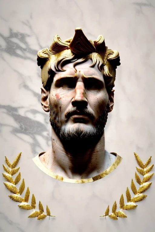 Ultra Realistic image, Roman sculpture, white marble material, Lionel Messi, gold Laurel leaves wreath, renaissance ornaments, one gold star in heart, marble and gold ornaments background, chisel style, waist up portrait, emperor style, epic, celestial, cinematic lighting, God light, god rays, 4k resolution, smooth details, ornate details, soft lighting, unreal engine 5, art station, substance 3d.