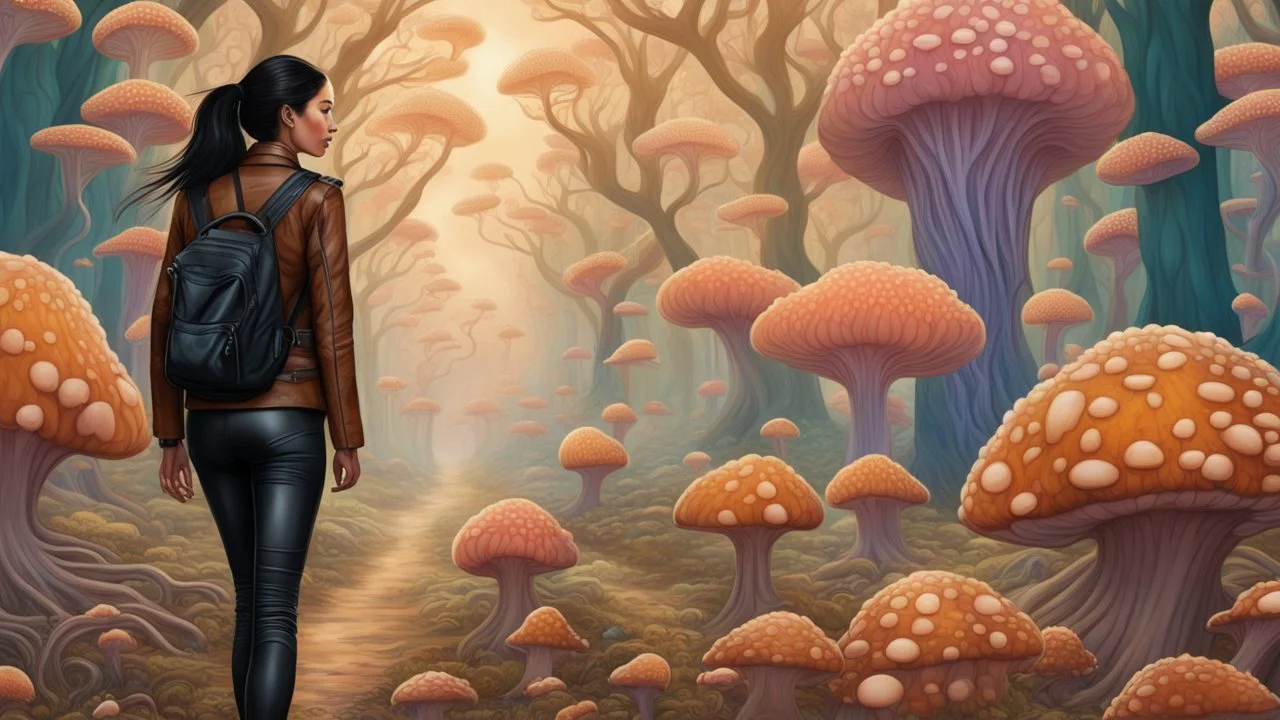 woman with black hair in a ponytail, in light brown leather trousers and jacket, walking through a forest of colourful Alien mushrooms with jellyfish tentacles, photorealistic, Intricate Detail