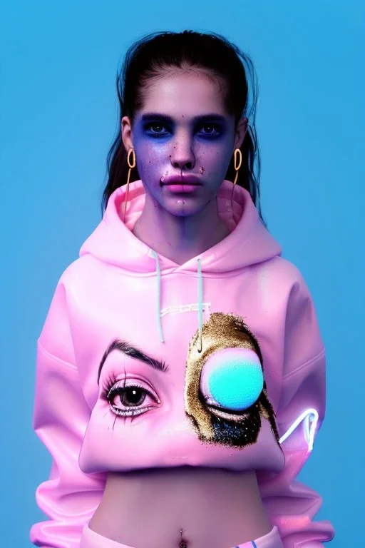 Ultra Realistic image, Rosalía artist, portrait, normal complexion, waist up portrait, long black eye line, sweet face, grunge t-shirt, inflatable hoodie, gold pink and blue style, spray glow make up, led rings piercing, led geometric ornament, fog, hot, inflatable style latex coat, vibrant color, highly detailed, art stations, concept art, smooth, unreal engine 5, god rays, ray tracing, RTX, lumen lighting, ultra detail, volumetric lighting, 3d, finely drawn, high definition, high resolution.