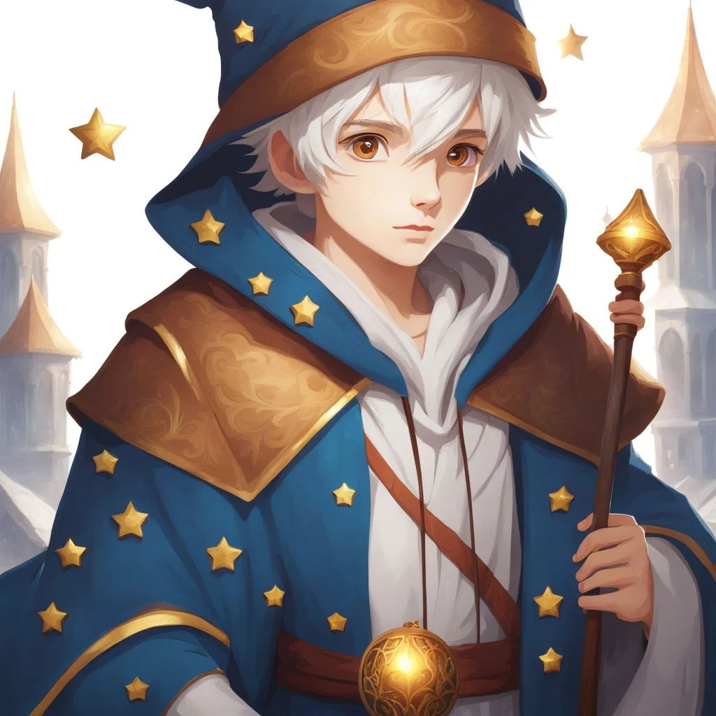 4K, Fantasy World, A boy only wearing a closed wizards robe, and wearing a wizards hat. White Hair. Golden Eyes with no pupils.