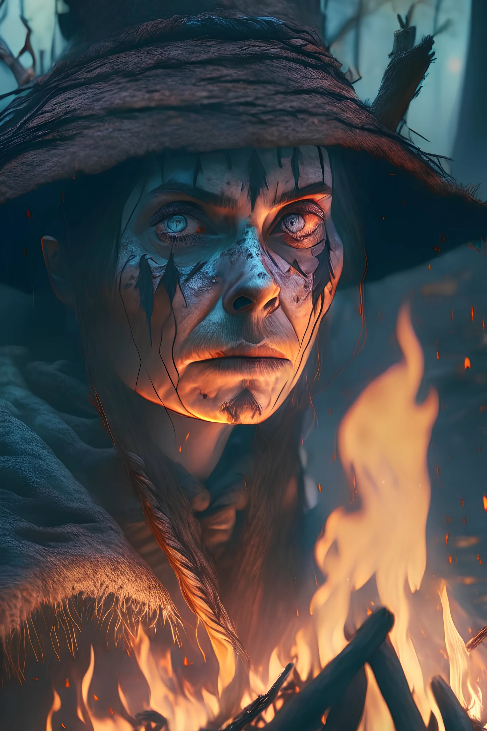 close up on witch by a bonfire, prehistoric forest, trending art, 8k, depth of field, hi detail