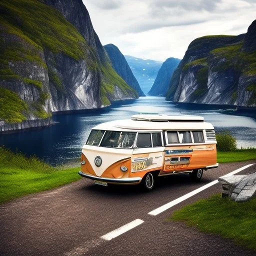 A Campervan is parking in a norwegian Fjord