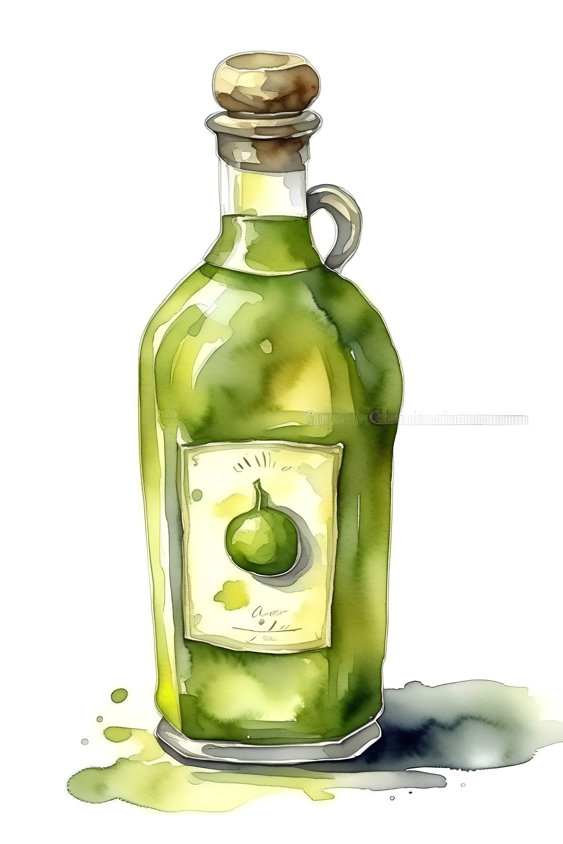 watercolor of old round bottle with olive oil