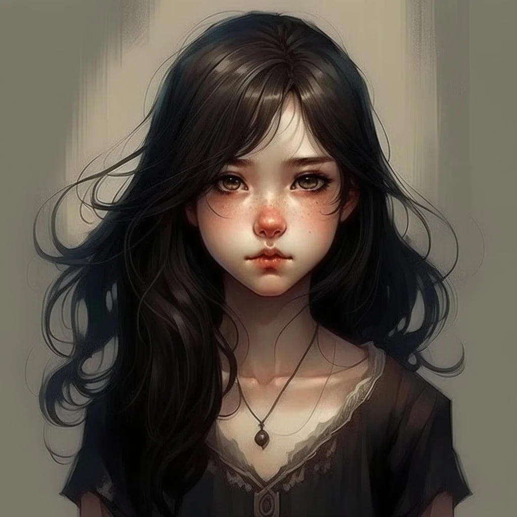 pretty girl, age 13, black hair, conventionally attractive, realism, dreamy, warlock