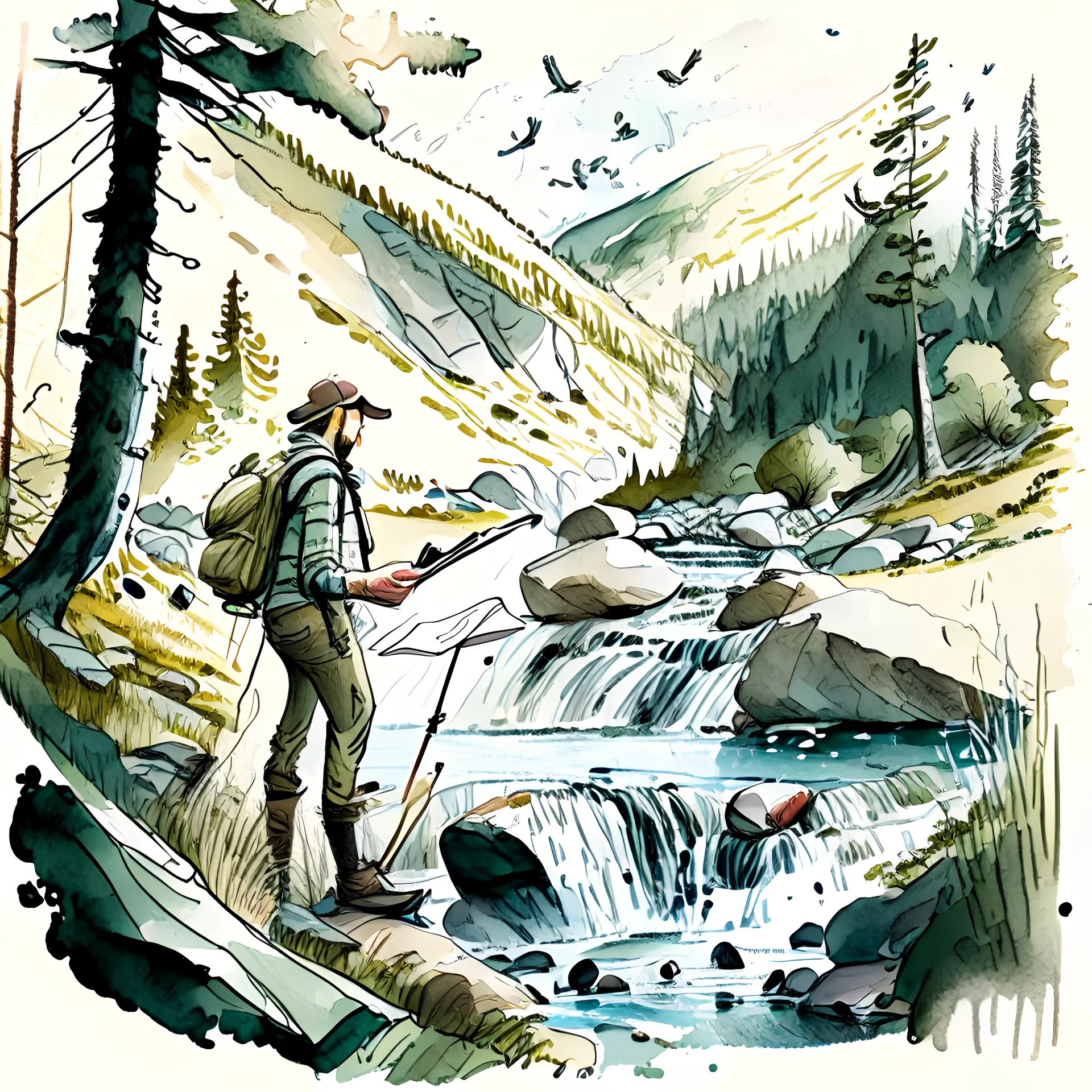 Illustrate a scene of an artist exploring the wonders of Norwegian nature, sketching, plain air amidst forests, waterfalls, and meadows, artistic style